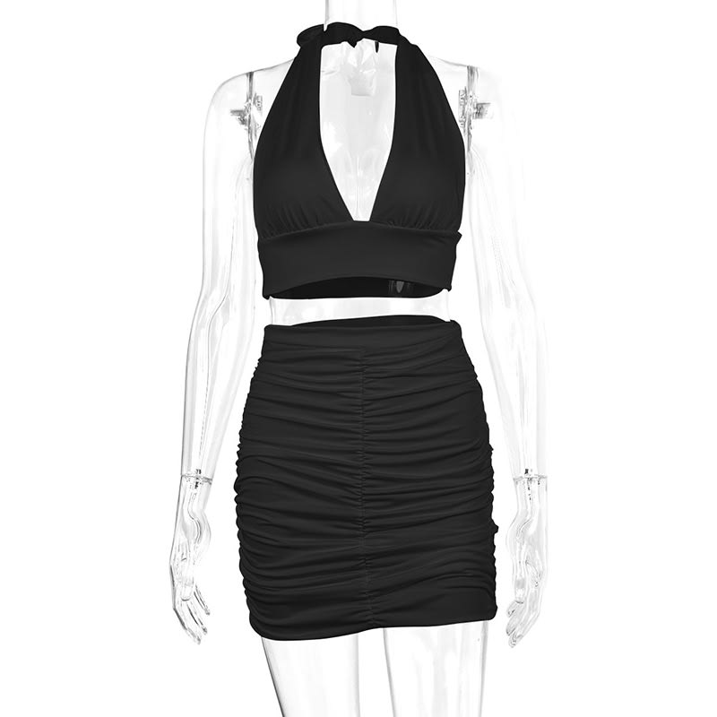 2pcs Dress Suits For Women Halter Lace-up Hip Top And Pleated Hip-covering Skirt view 2