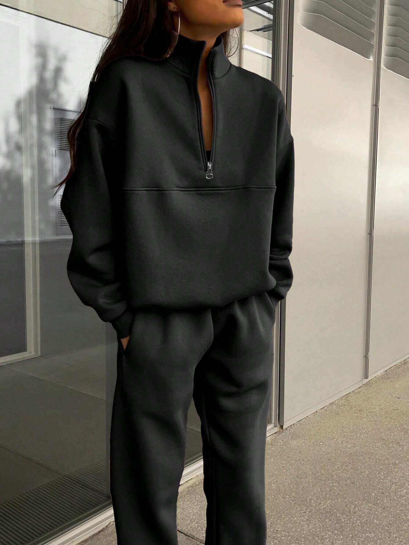 Long-sleeved Sports Sweatshirt Suit Fashion Stand-up Collar Zip-up Top And Elastic Band Trousers With Pocket Srping Fall Clothing For Women view 12