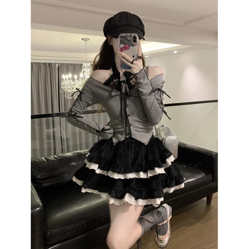 Long Sleeve Halterneck T-shirt Women's Cake Skirt view 9