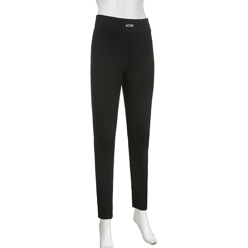 Solid Color Knitted Letter Body-hugging Suit Round Neck Long Sleeve Short Top High Waist Skinny Leggings Two-piece Set view 3