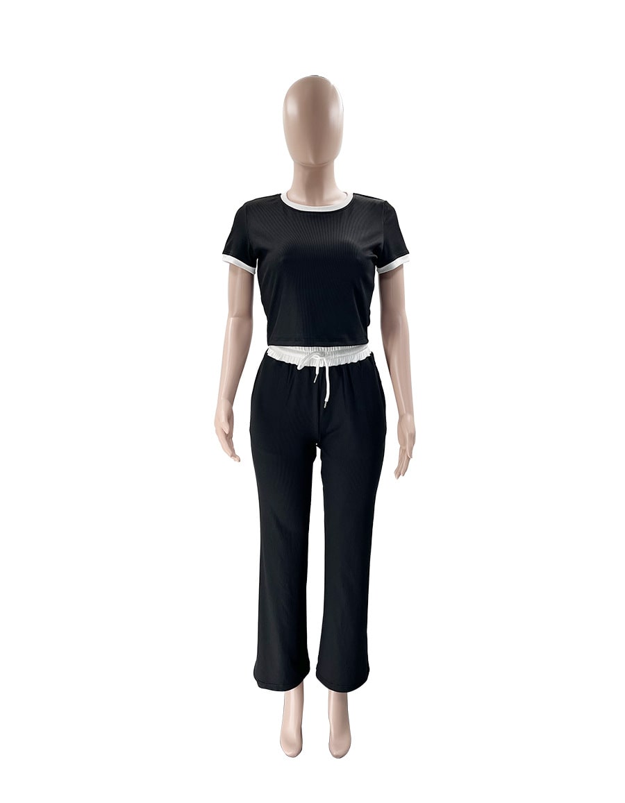 Round Neck Contrast Color Women's Fashion Casual Wide-leg Pants Sports Suit view 7