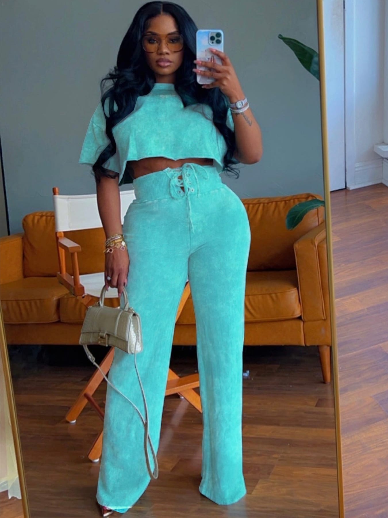 European And American Leisure Commuter Daily Tie-dyed Short Women's Round Neck Top Lace-up Two-piece Pants view 7