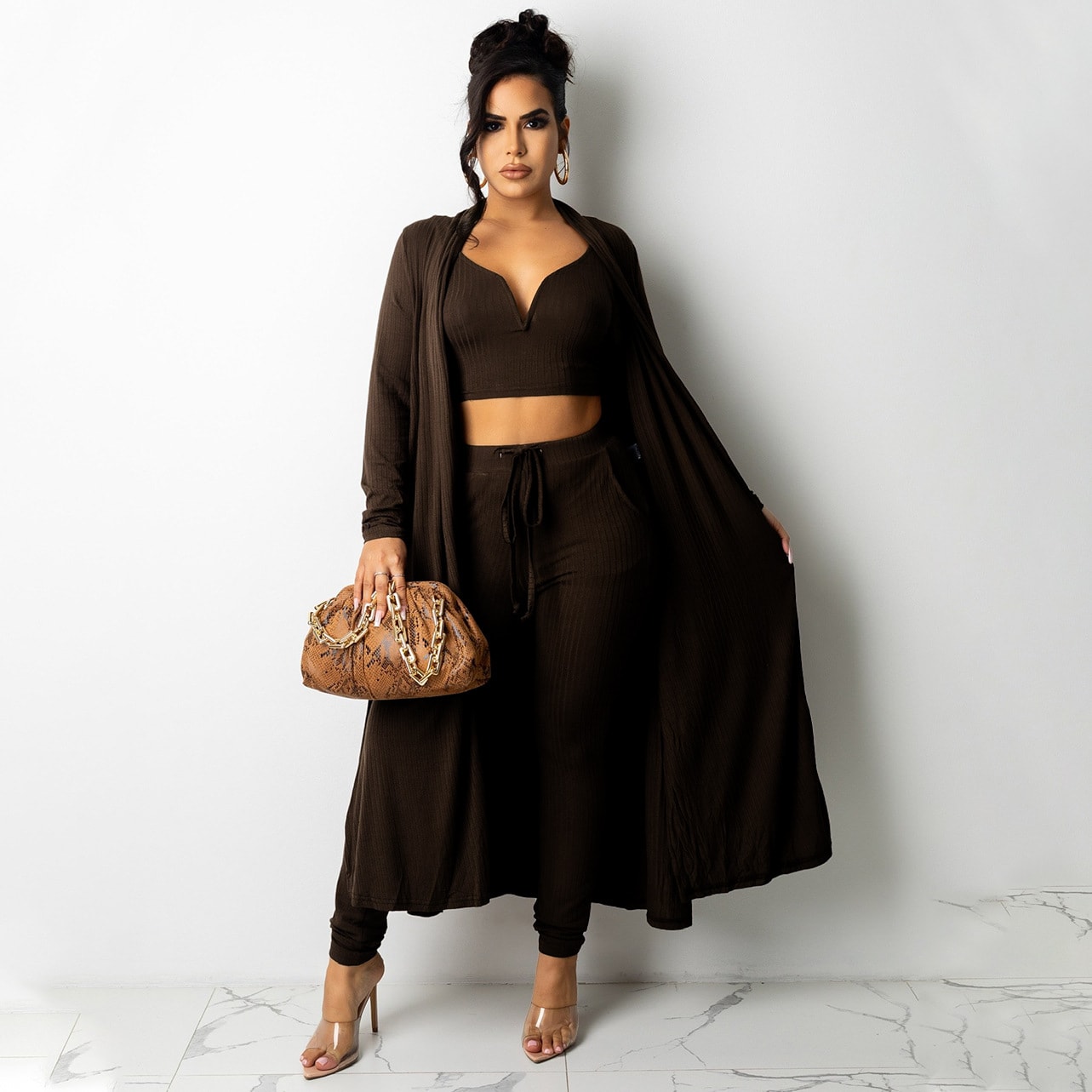 Solid Color Ribbed V-neck Vest Long Women's Pants Sportswear Suit view 4