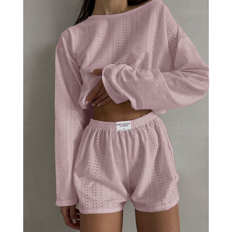 Hollow Long-sleeved Suit With Loose Round-neck Tops And Elastic Split Shorts Fashion Women's Clothing view 7