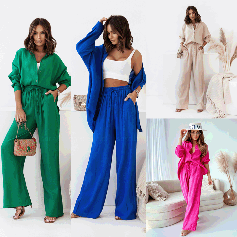 European And American Ins Style Solid Color Leisure Fashion Long Sleeve Blouse And Pants view 1
