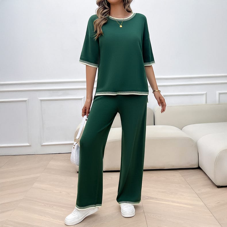 Casual Loose Contrast Color Knitted T-shirt Blouse And Pants 2-piece Set view 6