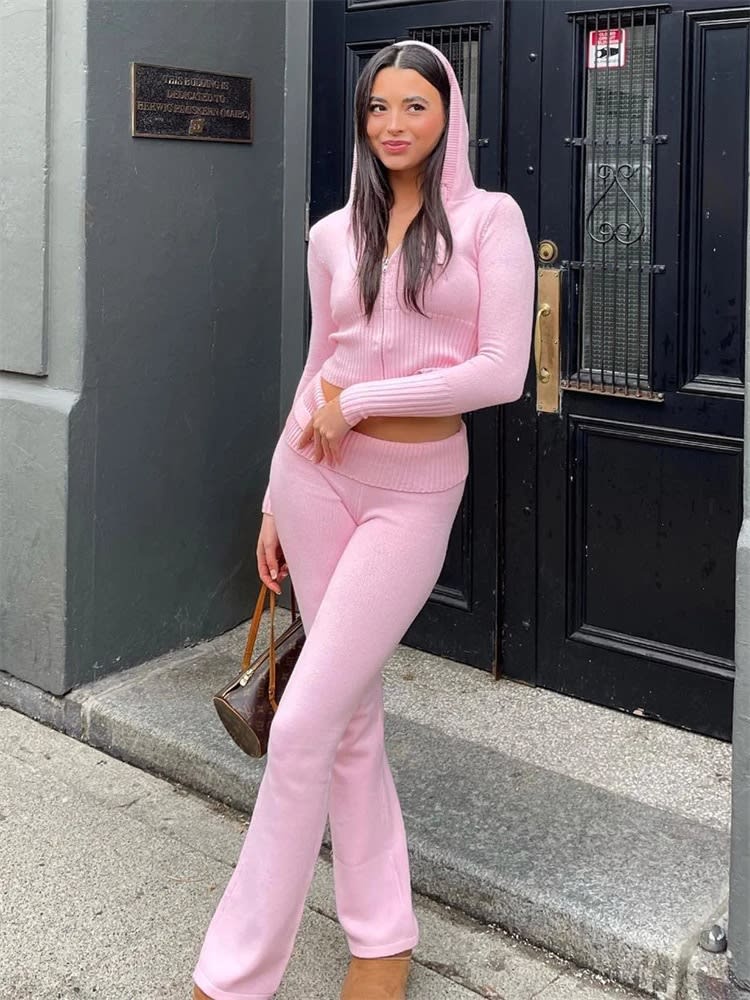 Knitted Hooded Suits High Waist Long Sleeves Trousers Two-piece Set view 3