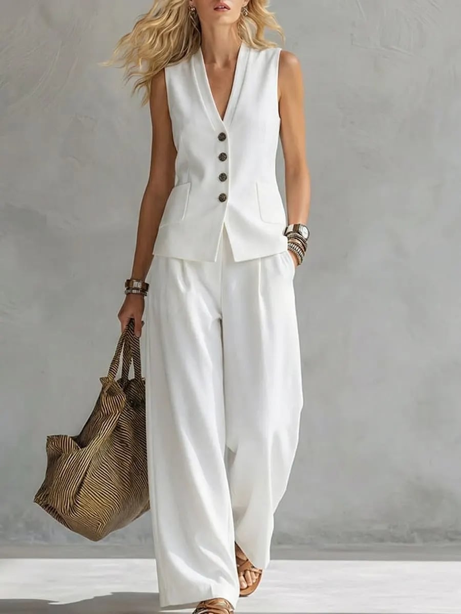 Two-piece V-Neck Sleeveless Vest And Wide Leg Pants For Women Summer Solid-Colored Sleeveless Casual Linen Tank Top And Pants Set view 6