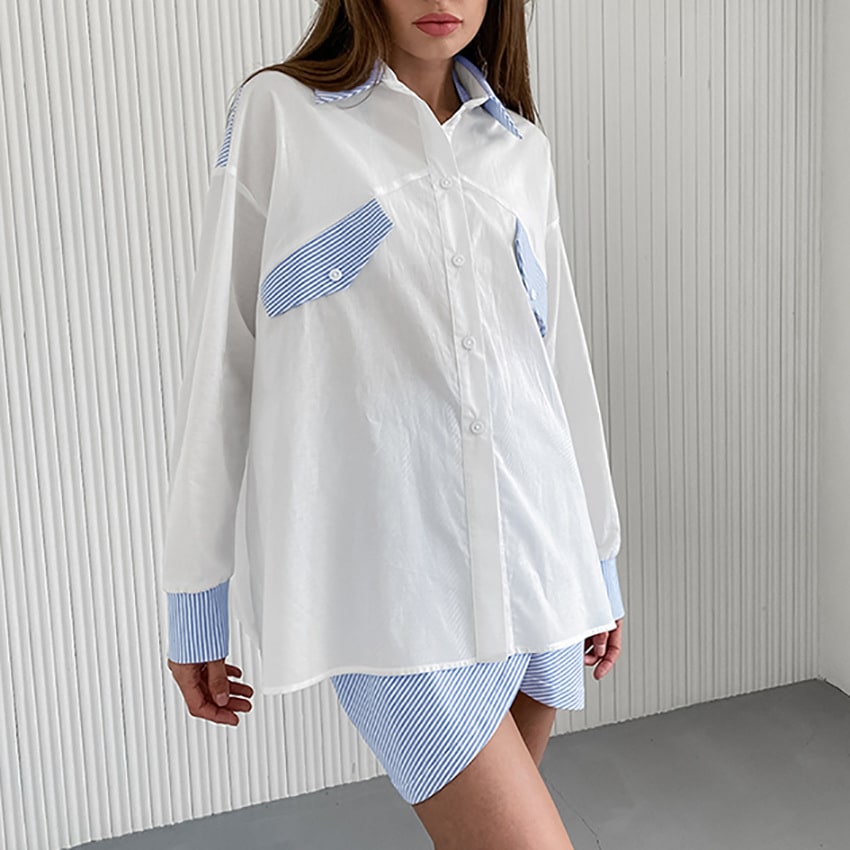 Blue And White Striped Stitching Shirt For Women Loose Outfit view 4