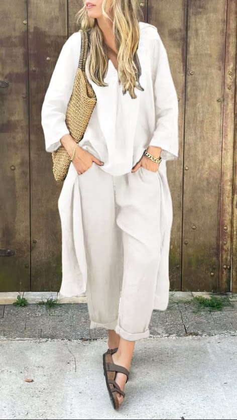 2pcs Long-sleeved Suits Loose V-neck Long Top And High Waist Wide Leg Pants With Pockets Women's Clothing view 11
