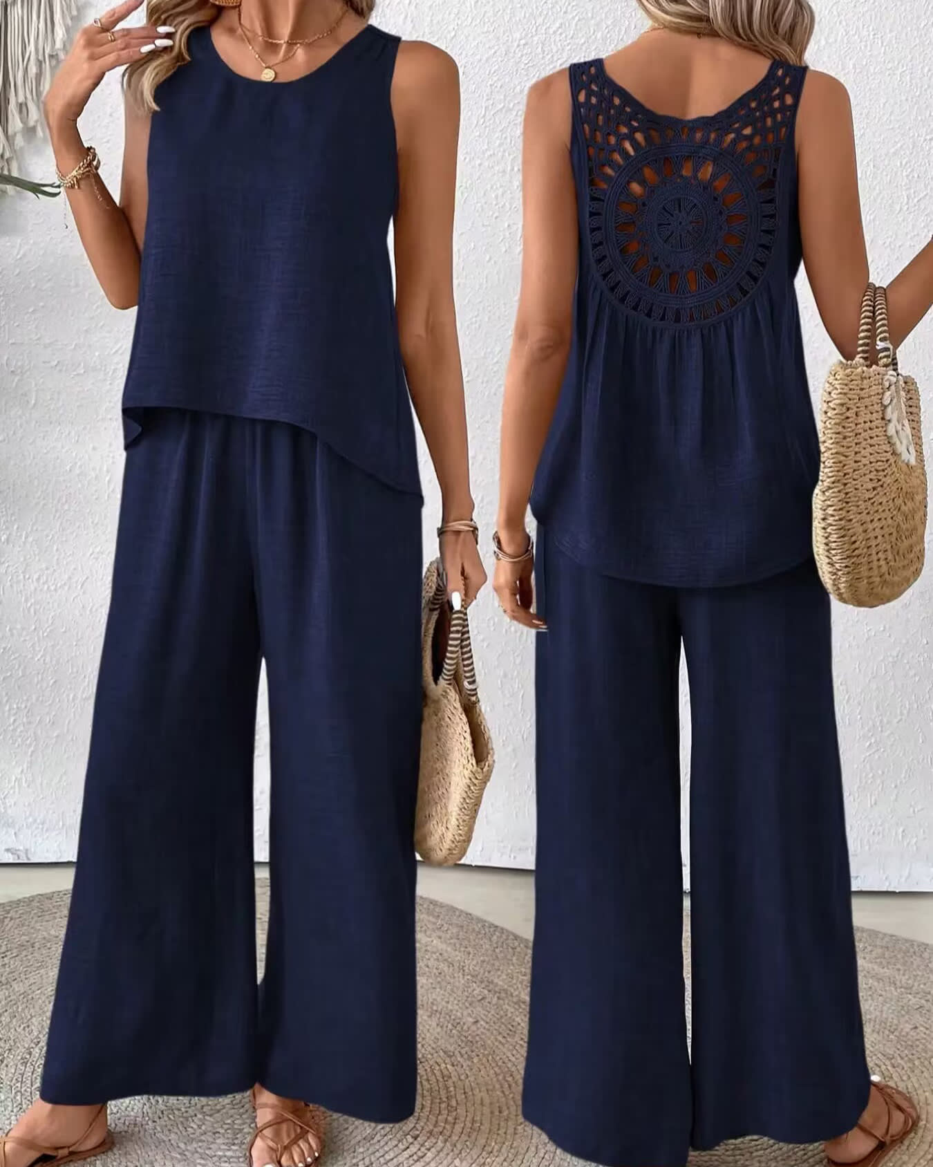 2 Pieces Set Women's Sleeveless Solid Color Back Hollow Lace Suit Summmer Trendy Casual Top Wide Leg Pants Set For Daily Wear Holiday Outfit view 12