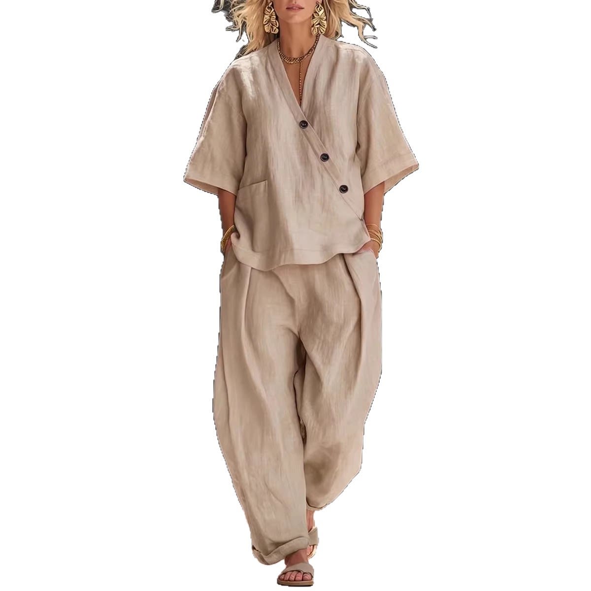 Summer Short-sleeved Suits Loose-fit V-neck Top And High-waist Trousers Women's Two-piece Set view 10