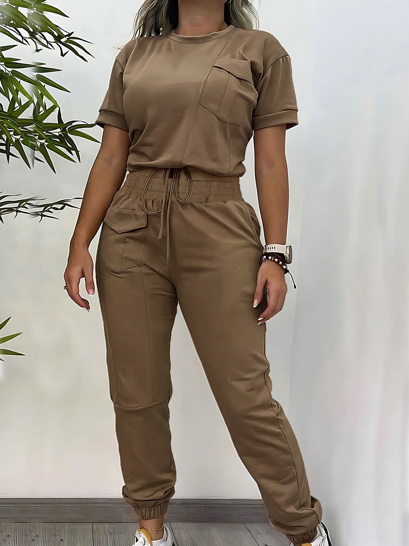 Workwear Casual Round Neck Short Sleeve Trousers Two-piece Set view 10