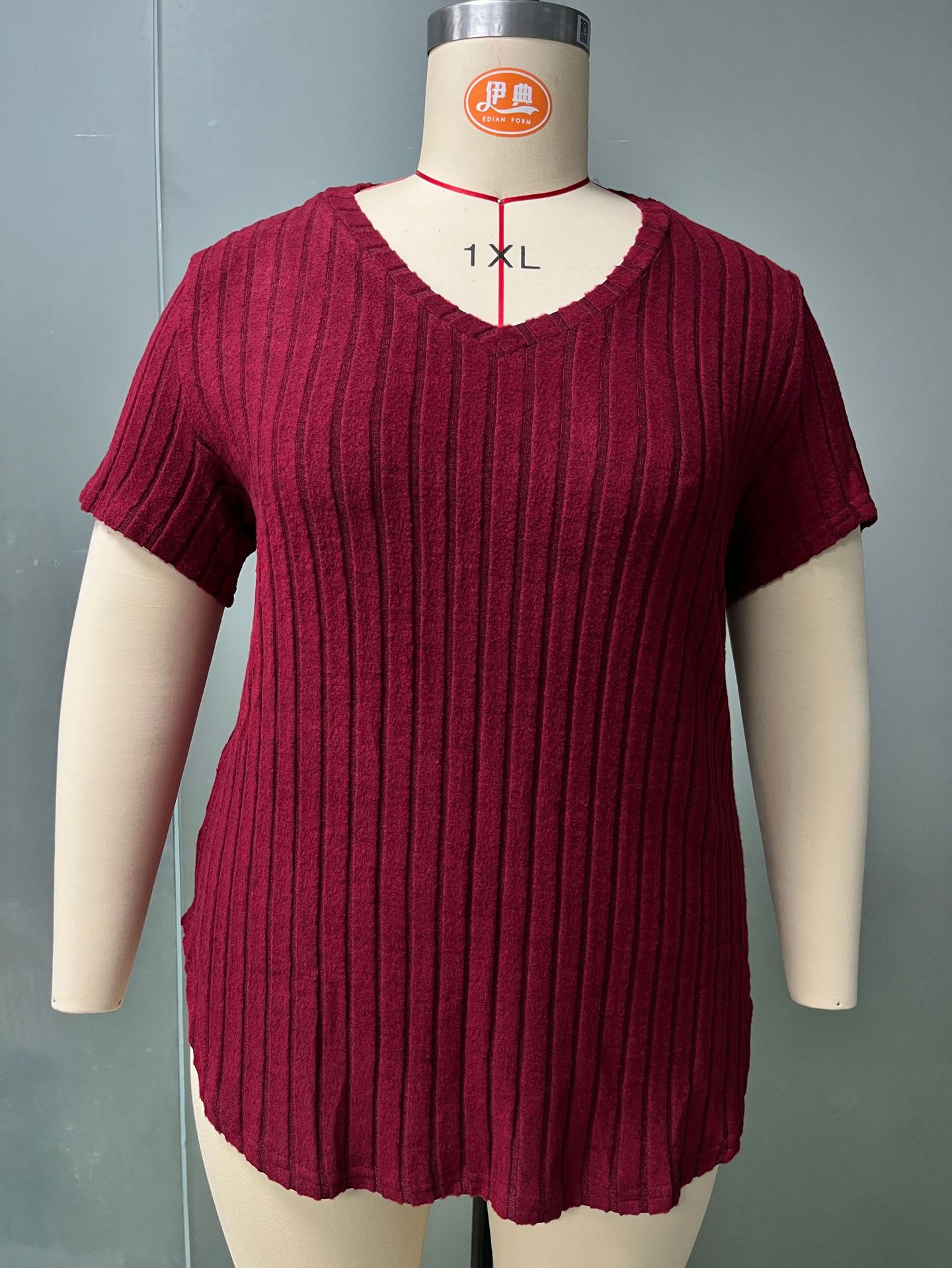 Solid Color Plus Size Women's Clothes Top V-neck Sunken Stripe Short Sleeve T-shirt view 24