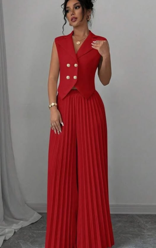 Summer Sleeveless Suit Fashion Lapel Button Vest Top And Pleated Straight Pants Women's Trousers Set Clothing view 7
