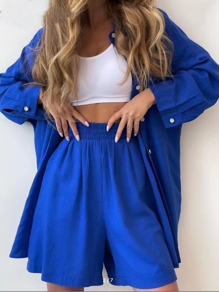 Single-breasted Long Sleeve Shirt Loose Casual Shorts Suit view 4