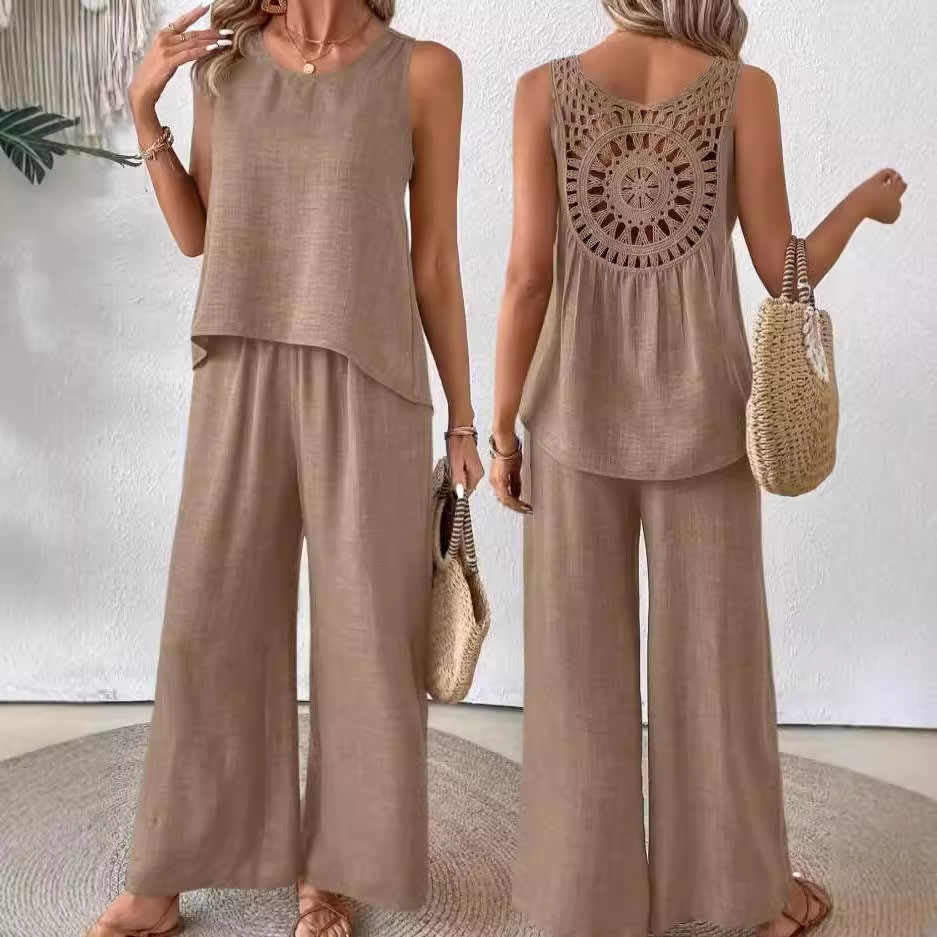 2 Pieces Set Women's Sleeveless Solid Color Back Hollow Lace Suit Summmer Trendy Casual Top Wide Leg Pants Set For Daily Wear Holiday Outfit view 3