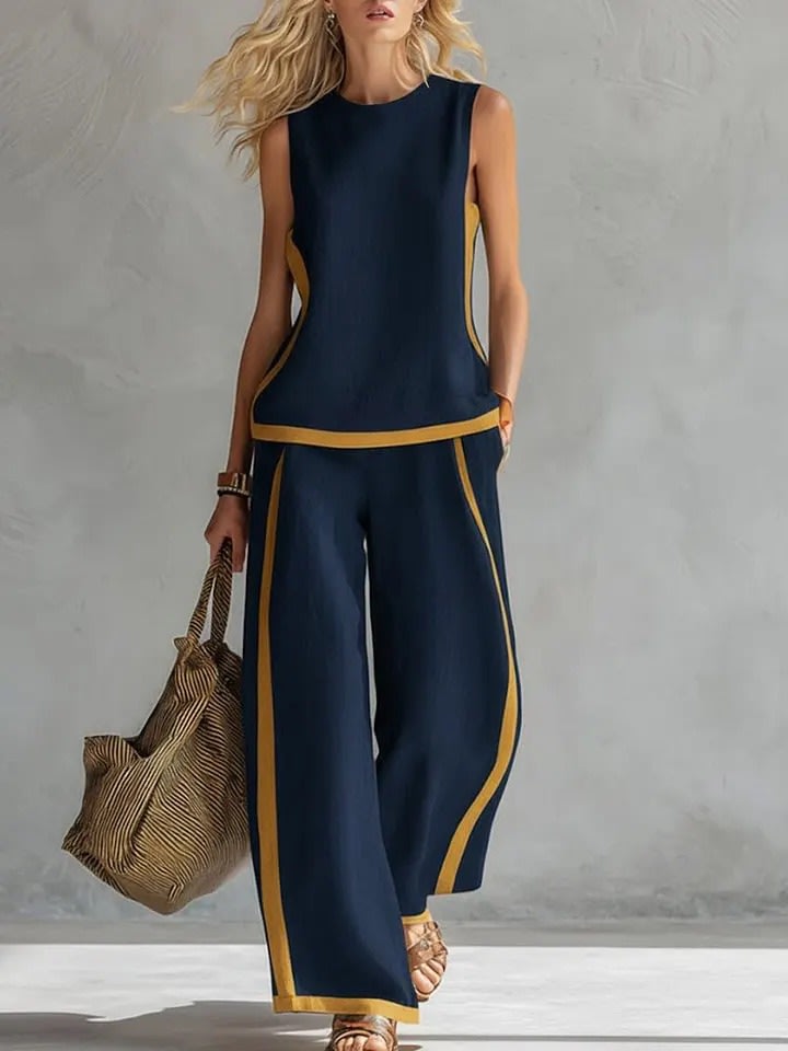 Summer Suits Round-neck Sleeveless Vest Top And High-waist Wide-leg Pants Casual Loose Set view 11