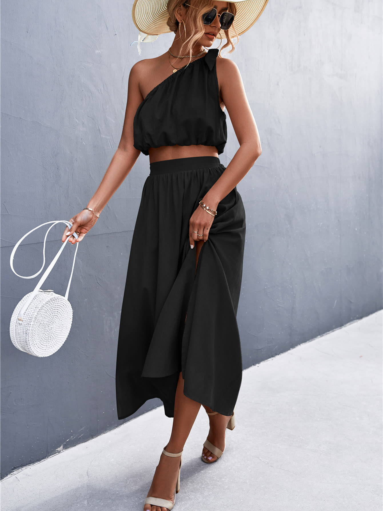 Sexy Oblique Shoulder Lace-up Vest Slit Midi Skirt Suit view 7