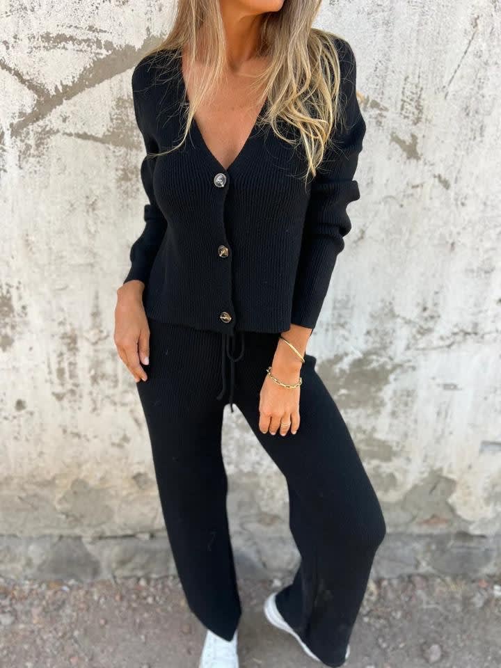 Long Sleeve Breasted V-neck Knitted Cardigan Tether Trousers Sweater Suit view 2