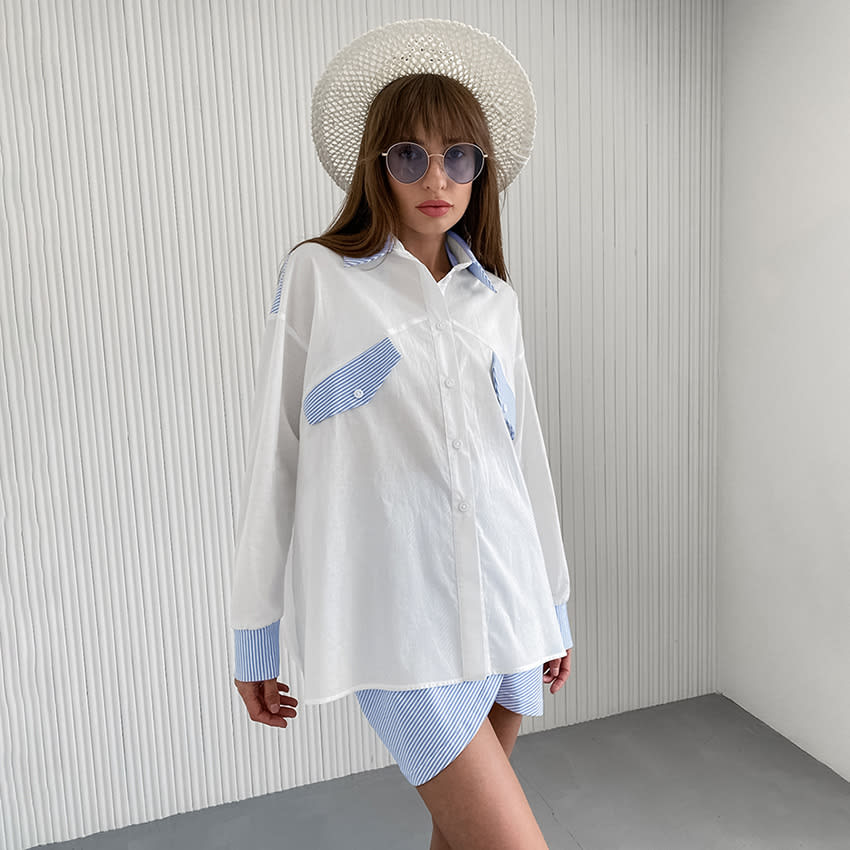 Blue And White Striped Stitching Shirt For Women Loose Outfit view 1