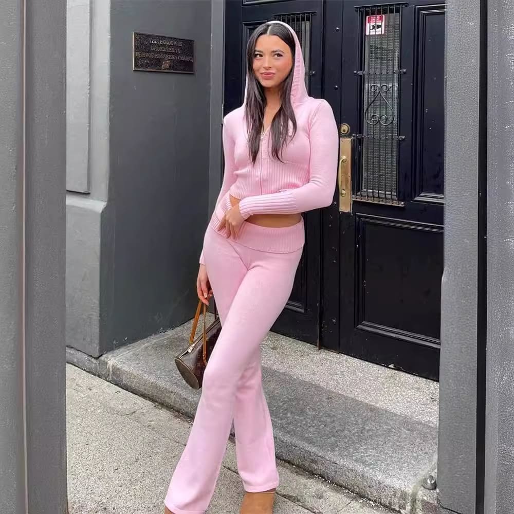 Knitted Hooded Suits High Waist Long Sleeves Trousers Two-piece Set