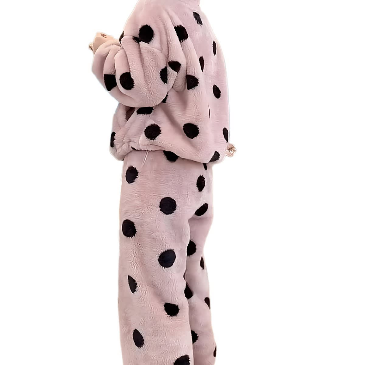 Cute Casual Pajamas For Women Winter Fleece-lined Thickened Polka Dot Turtleneck Drawstring Suit view 3