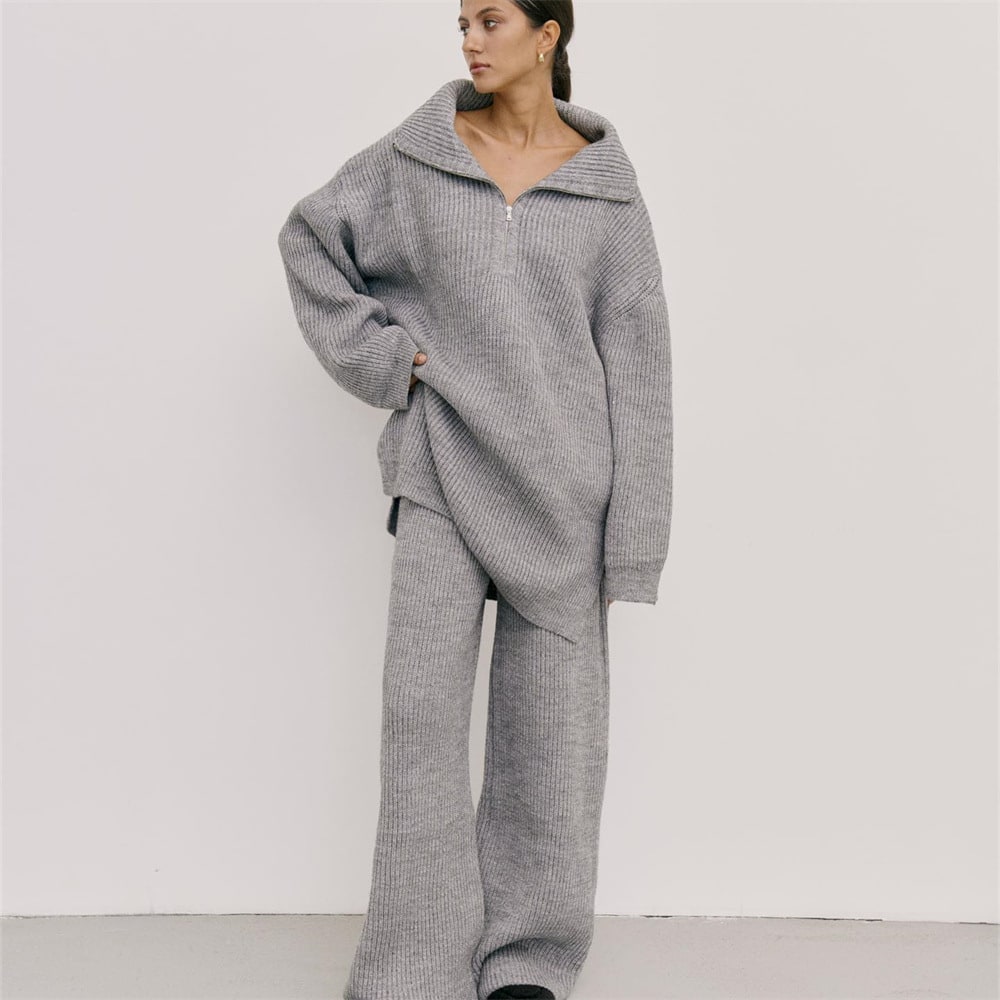 Autumn And Winter Half Zipper Sweaters Straight-leg Trousers Two-piece Set view 3