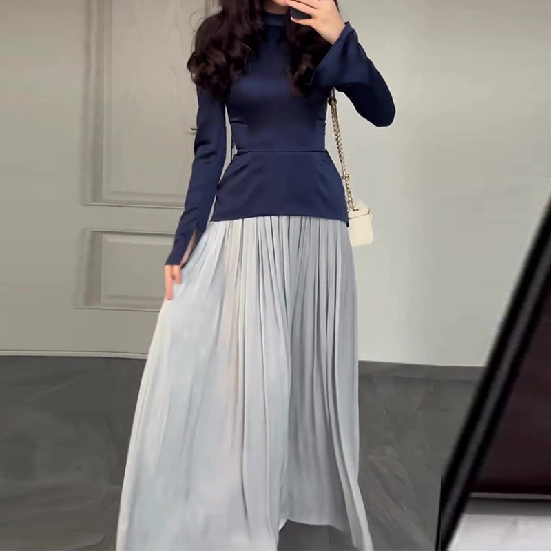 Ladies New Color Contrast Patchwork Slim-fit Lace Up Long Sleeve Dress view 3
