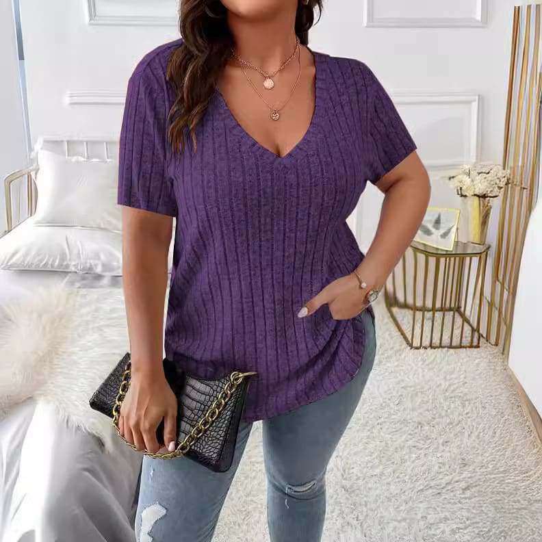 Solid Color Plus Size Women's Clothes Top V-neck Sunken Stripe Short Sleeve T-shirt view 19