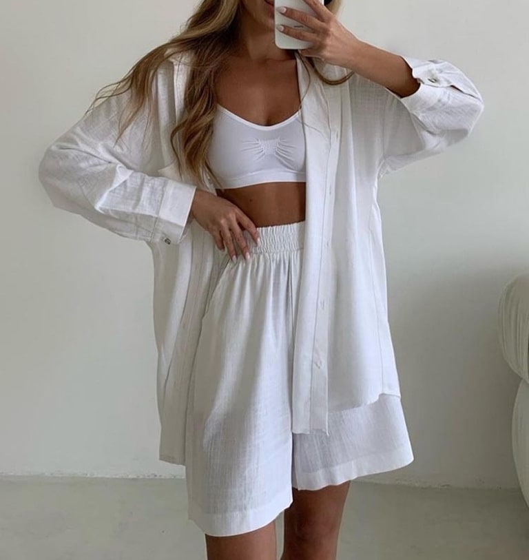 Single-breasted Long Sleeve Shirt Loose Casual Shorts Suit view 6