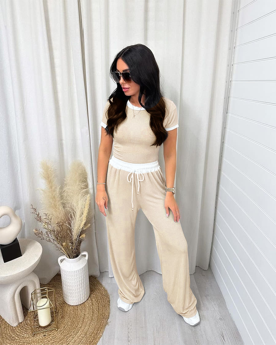 Round Neck Contrast Color Women's Fashion Casual Wide-leg Pants Sports Suit view 21