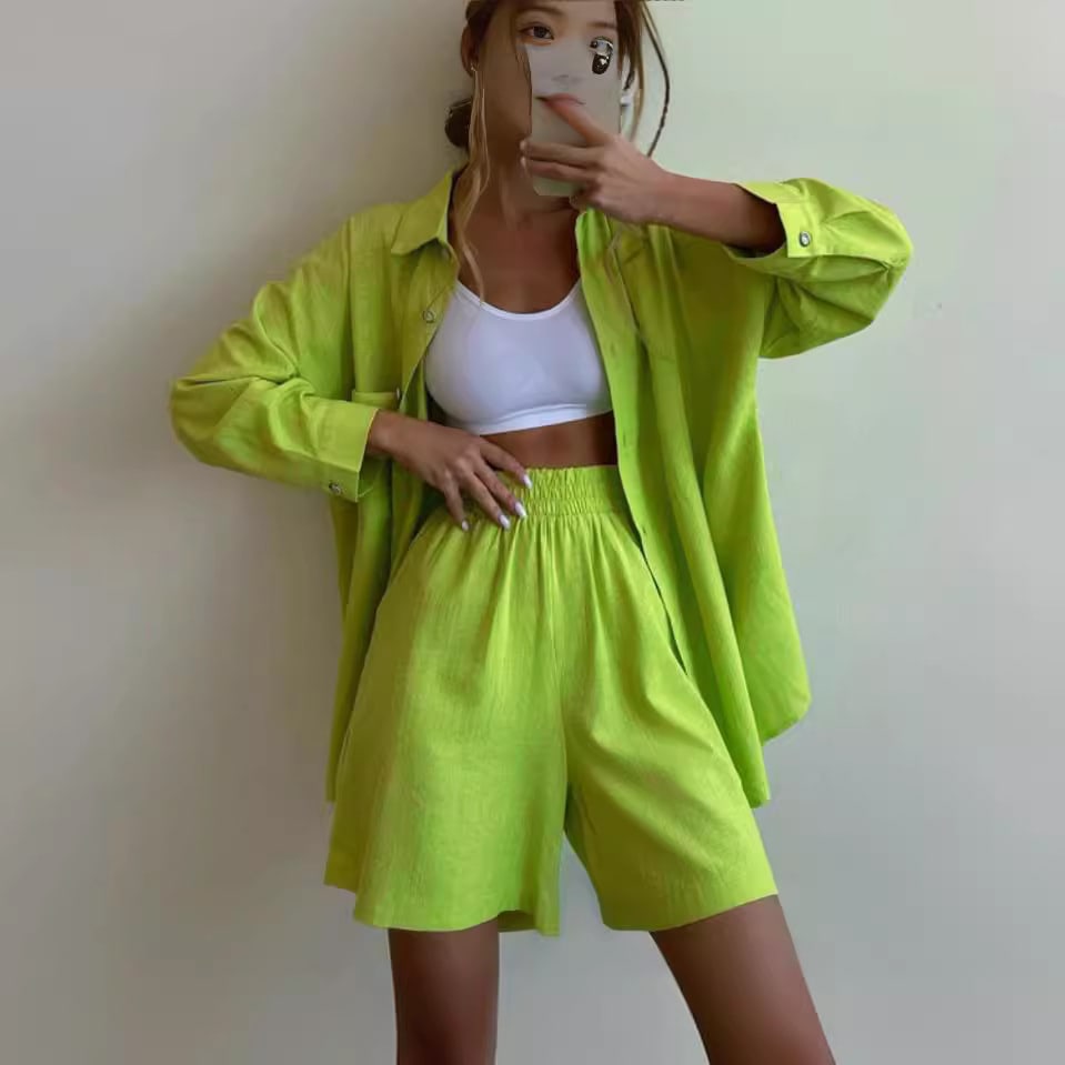 Single-breasted Long Sleeve Shirt Loose Casual Shorts Suit view 5