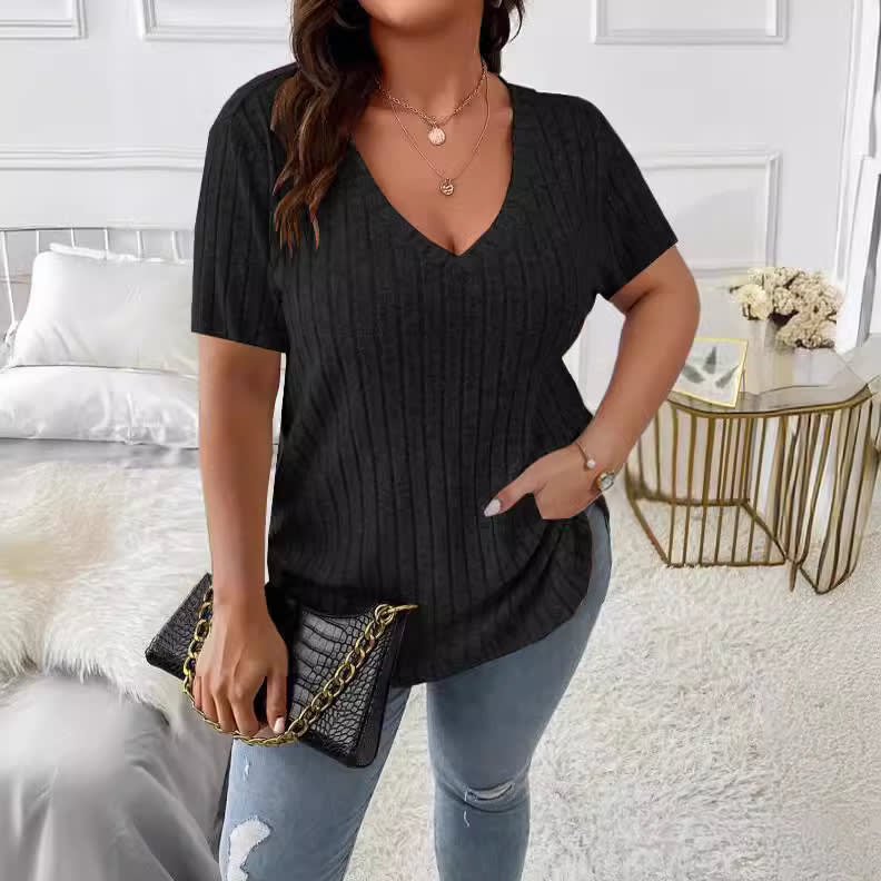 Solid Color Plus Size Women's Clothes Top V-neck Sunken Stripe Short Sleeve T-shirt view 7