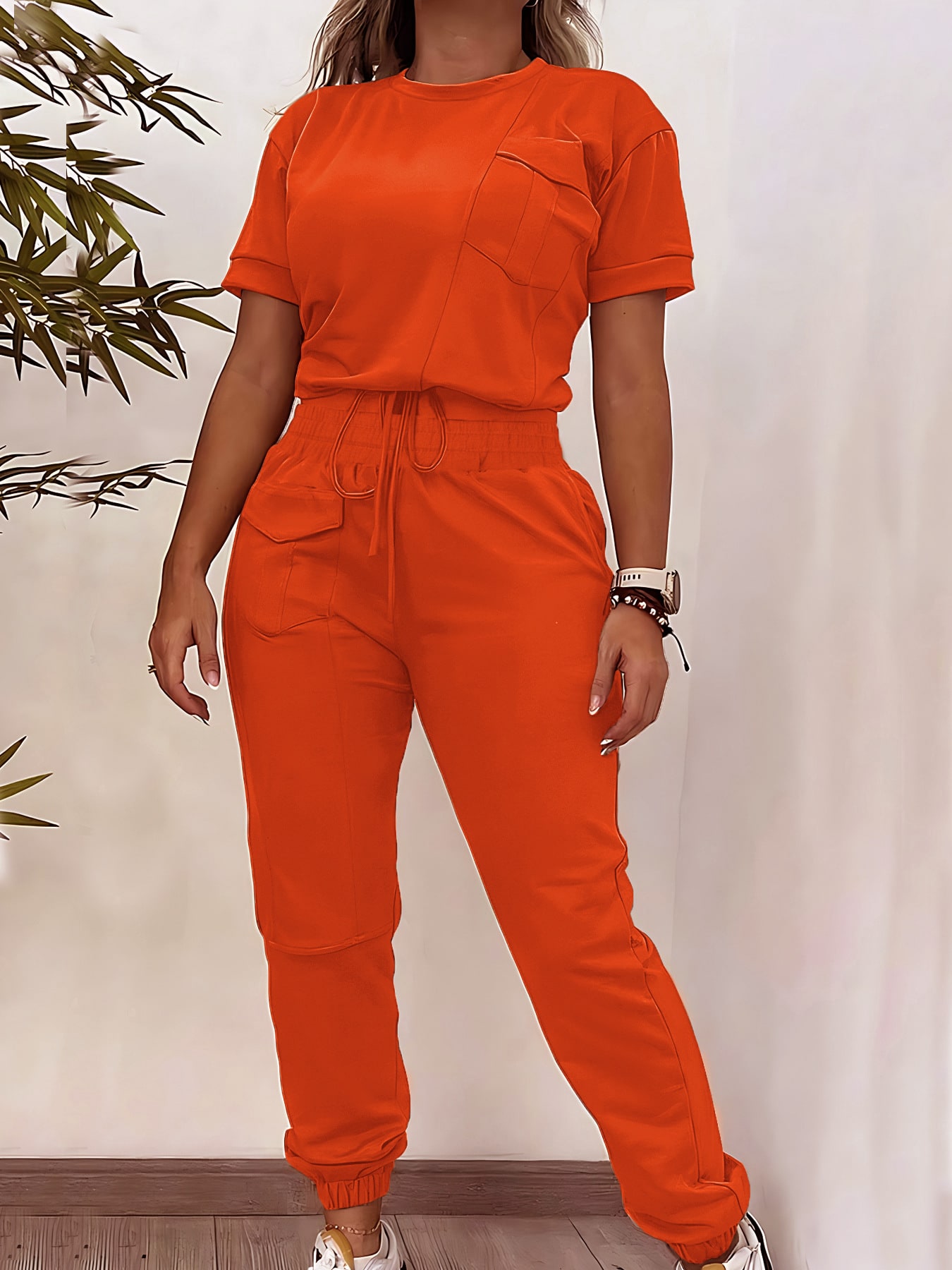Workwear Casual Round Neck Short Sleeve Trousers Two-piece Set view 8