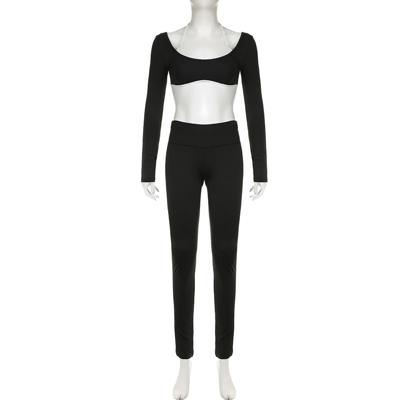Solid Color Knitted Letter Body-hugging Suit Round Neck Long Sleeve Short Top High Waist Skinny Leggings Two-piece Set view 37