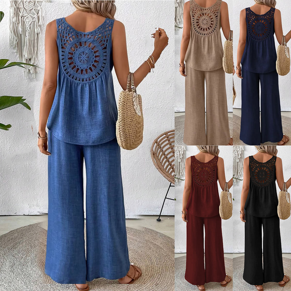 2 Pieces Set Women's Sleeveless Solid Color Back Hollow Lace Suit Summmer Trendy Casual Top Wide Leg Pants Set For Daily Wear Holiday Outfit view 4