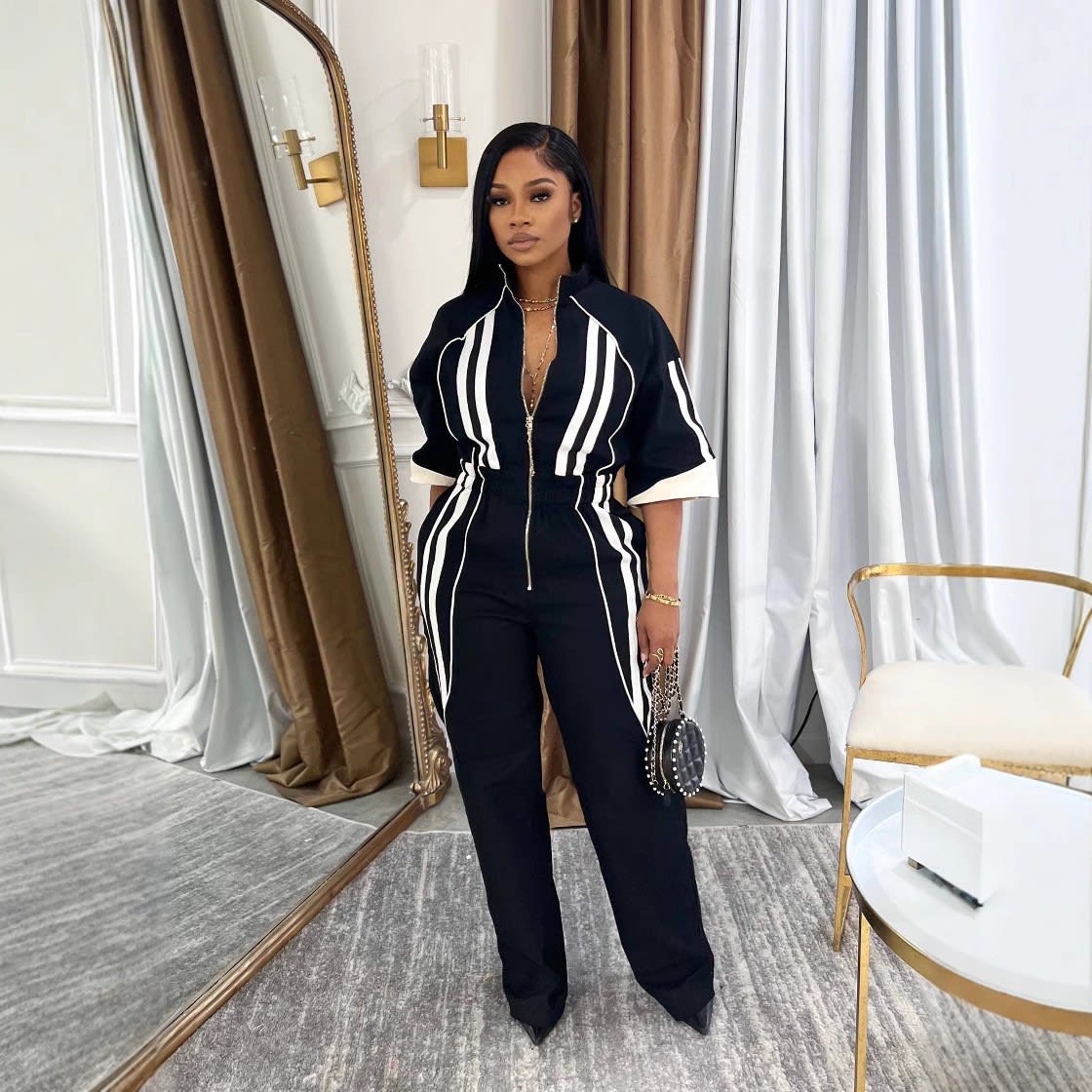 Stand Collar 7-point Sleeve Drop-shoulder Waist Long Zipper One-piece Trousers view 4