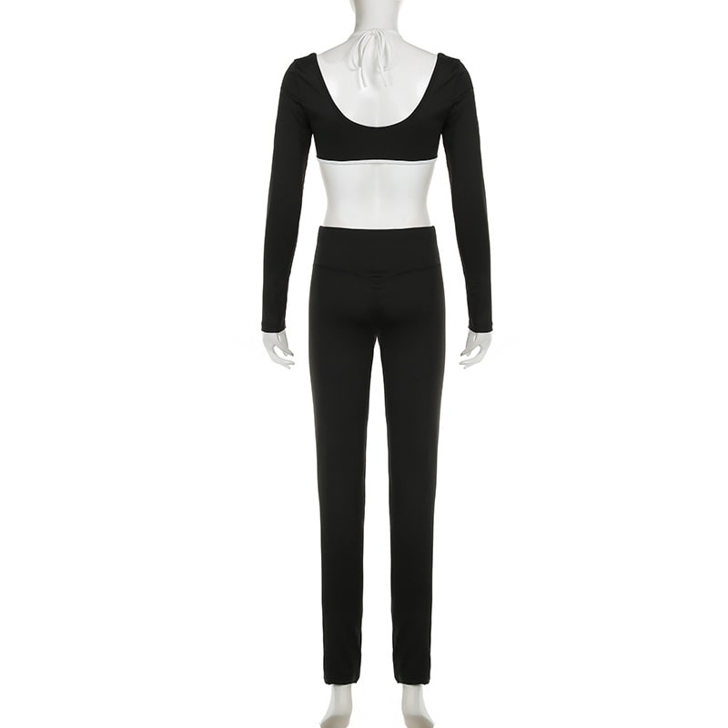 Solid Color Knitted Letter Body-hugging Suit Round Neck Long Sleeve Short Top High Waist Skinny Leggings Two-piece Set view 4
