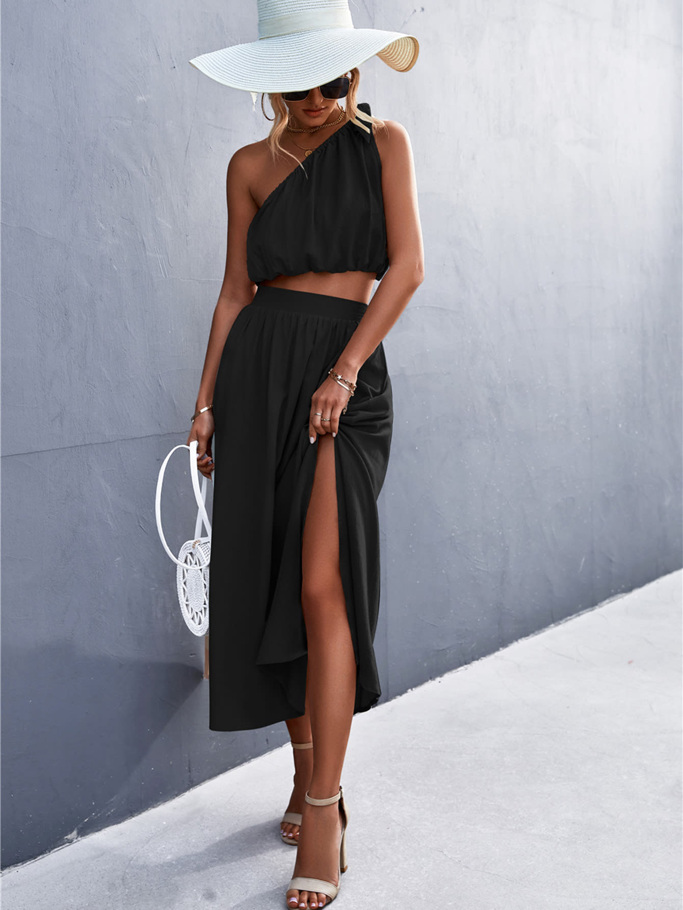 Sexy Oblique Shoulder Lace-up Vest Slit Midi Skirt Suit view 2