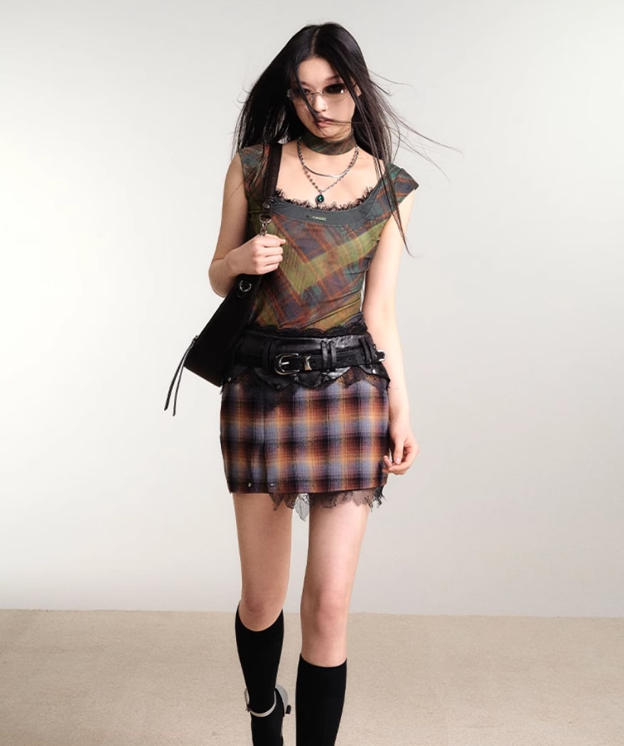 Plaid Lace Print Stitching Skin-friendly Knitted Flying Sleeve Top view 10