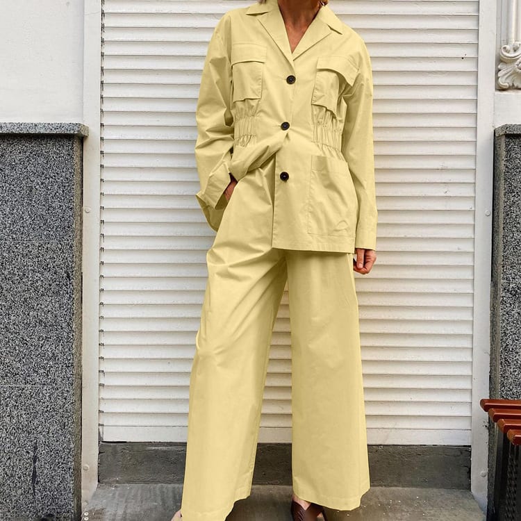 Lapel Long Sleeve Waist-controlled Top Wide Leg Pants Two-piece Set view 6