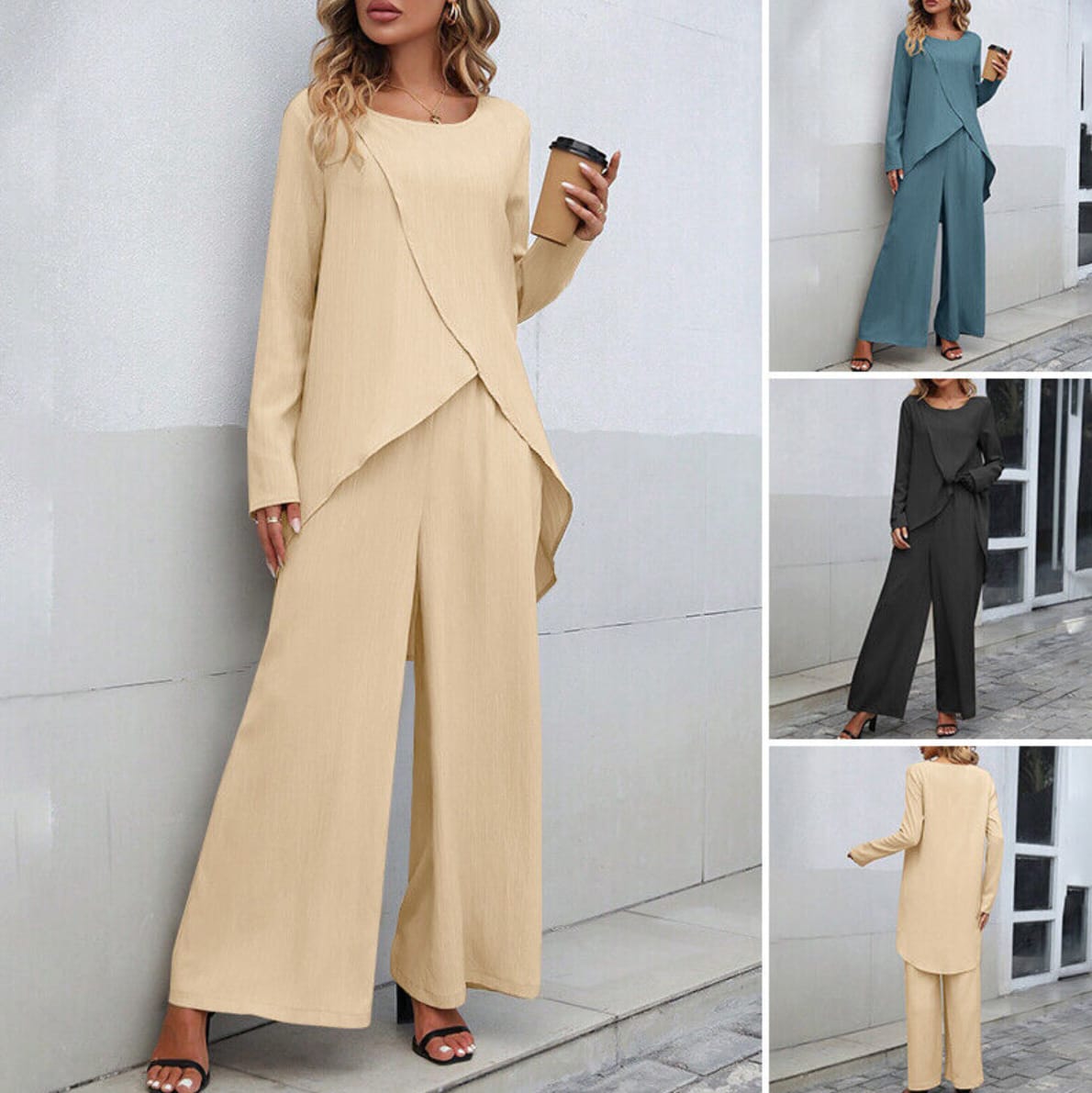 Women's Fashion Long Sleeve Irregular Hem Top Elastic Waist Wide Leg Trousers Two-piece Set view 6