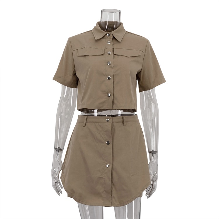 Retro Lapels Short-sleeved Top Double Layer High-waisted Trousers Skirt Two-piece Set view 4