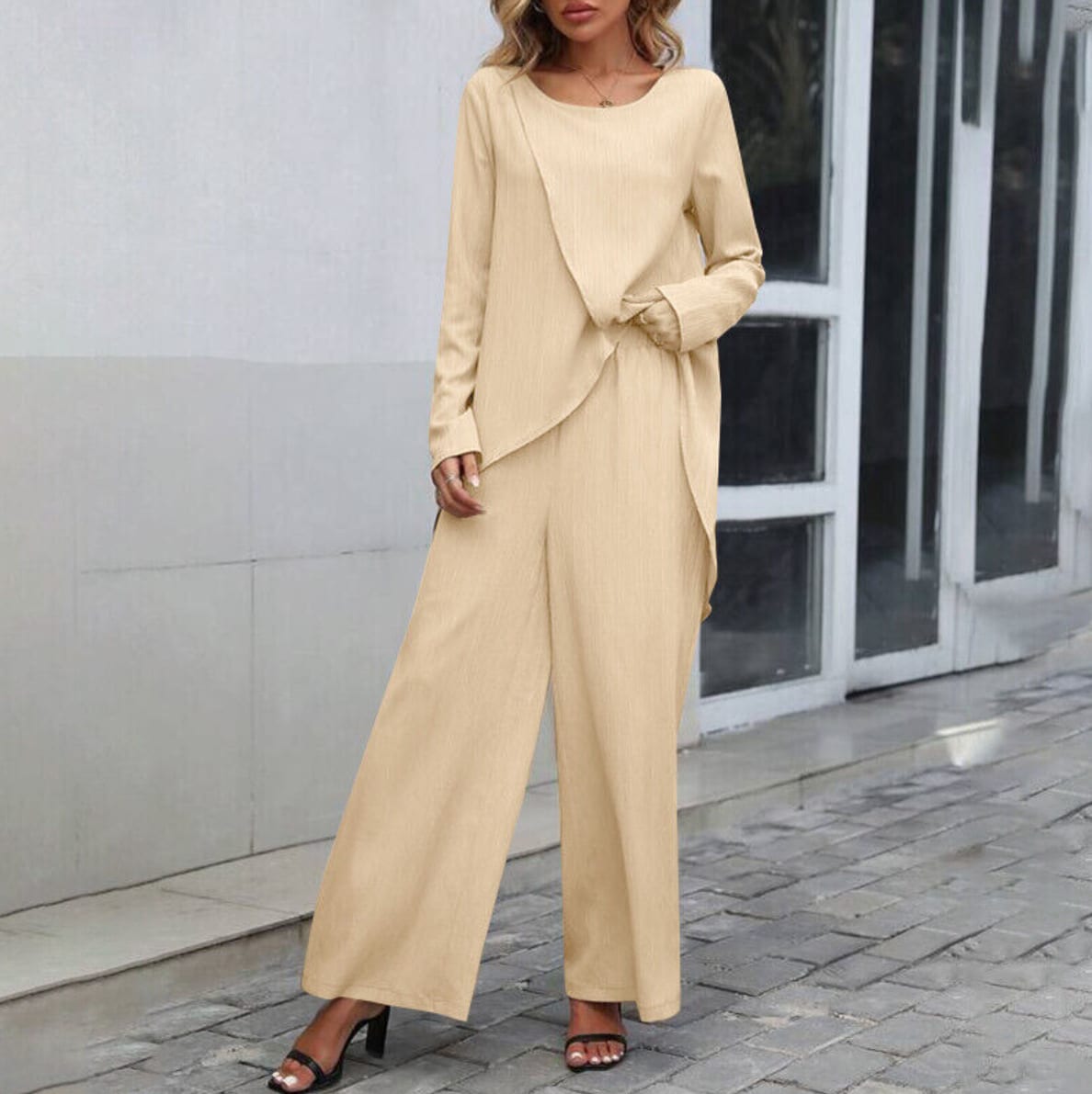 Women's Fashion Long Sleeve Irregular Hem Top Elastic Waist Wide Leg Trousers Two-piece Set view 8