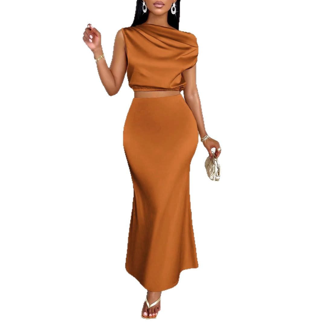Women's Solid Color Satin Dress Midriff Outfit Suit view 10