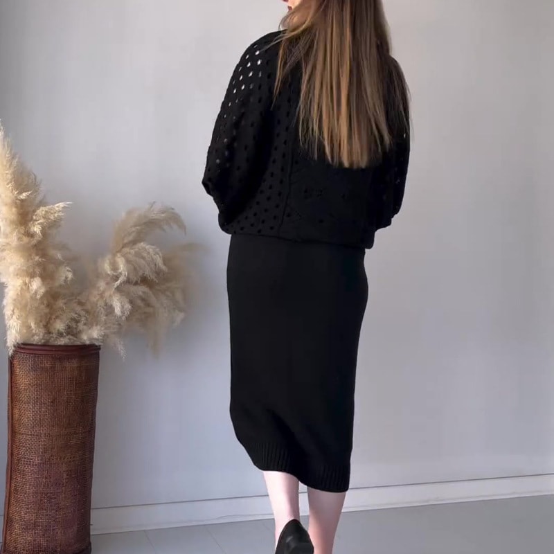 Autumn New Solid Color Hollow Round Neck Top Casual Knitted Skirt Suit view 2