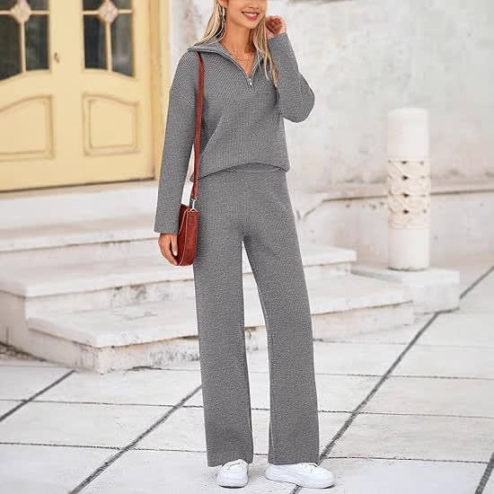 European And American Autumn And Winter Knitting Two-piece Set Casual And Comfortable Half-open Zipper And Lapel Sweater view 3