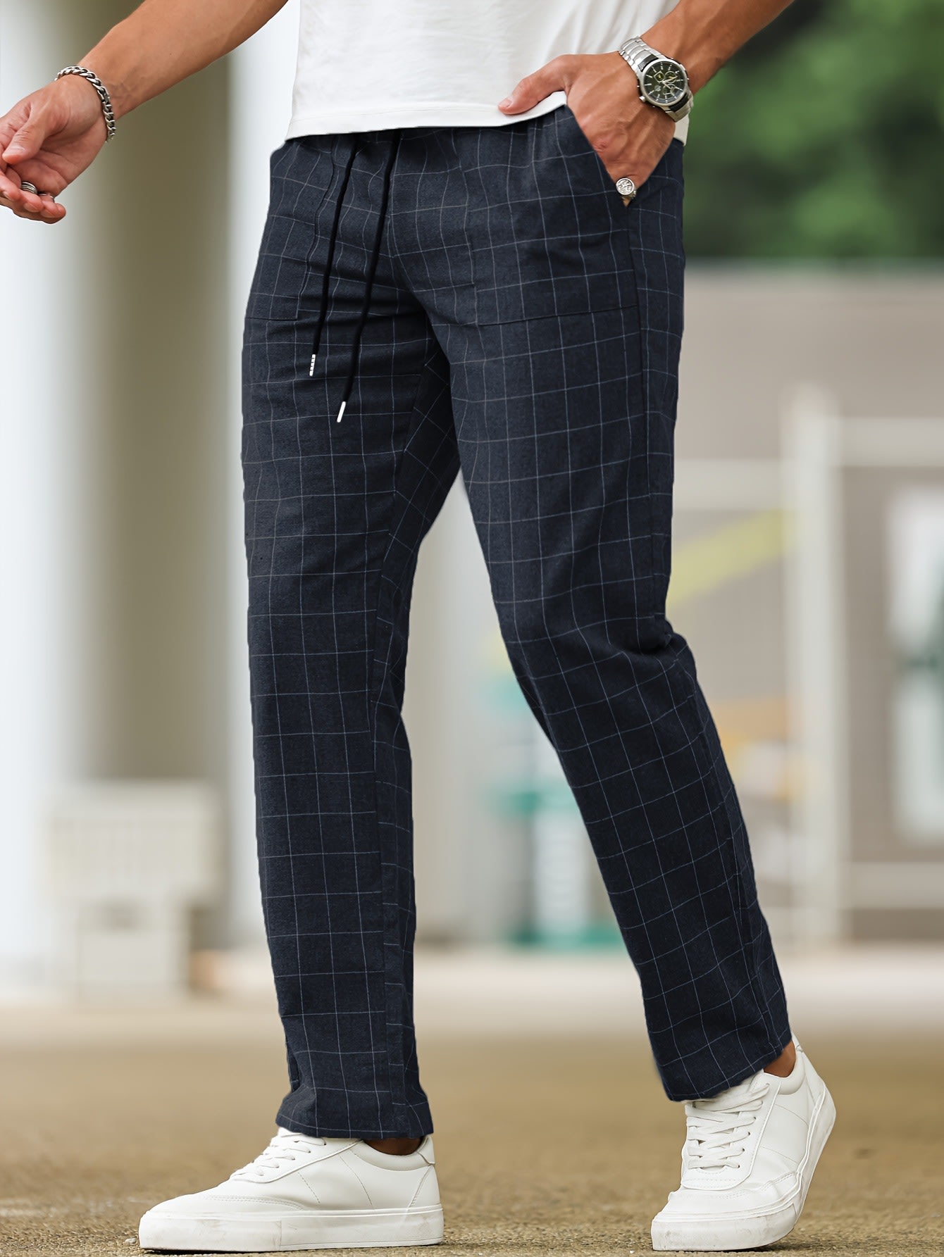Men's Comfortable Soft Polyester Stripe Plaid Pants view 2