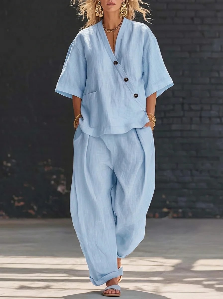 Summer Short-sleeved Suits Loose-fit V-neck Top And High-waist Trousers Women's Two-piece Set view 9